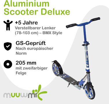 Самокат трюковий muuwmi Aluminium Scooter Deluxe 205мм ABEC 7 сіро-блакитний - для дітей та дорослих, регульована висота, сертифікат GS