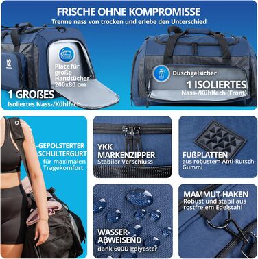 Спортивна сумка V® з відділенням для взуття, мокрою білизною та ізольованим холодильним відсіком. Сумка для сауни, подорожей, спортзалу, фітнесу, плавання. Чорно-сірий (XL, Синьо-карбоновий)