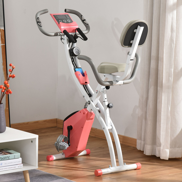 Велотренажер HOMCOM X-Bike 2-в-1 з LCD-дисплеєм, датчиком пульсу, складаний, з 8 рівнями магнітного опору, 1 пара еластичних шнурів, сталевий, рожевий, розмір 105x48x118 см