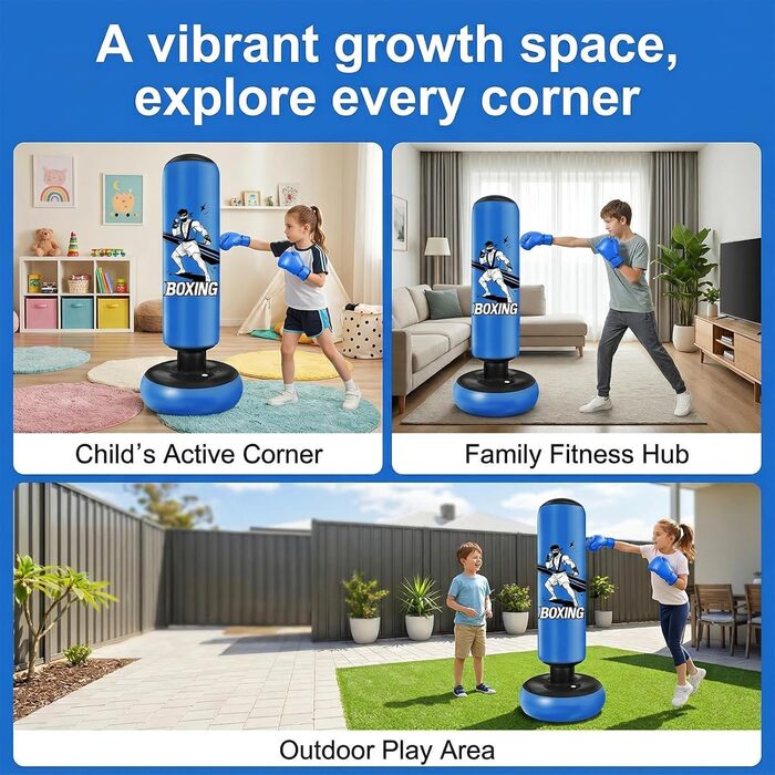 Боксерський мішок надувний для дітей 168 см з рукавичками та насосом, блакитний, з мотивом бійця, для дому, 5-12 років, для Karate та Taekwondo