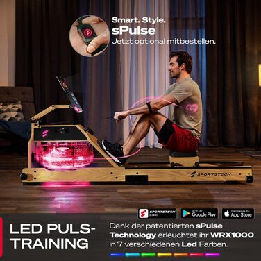 Sportstech WRX1000 OAK Преміум Гребний тренажер Water Rower для дому: з LED-дисплеєм, складною конструкцією, додатком для тренувань та тримачем для планшета. Масивне дерево.