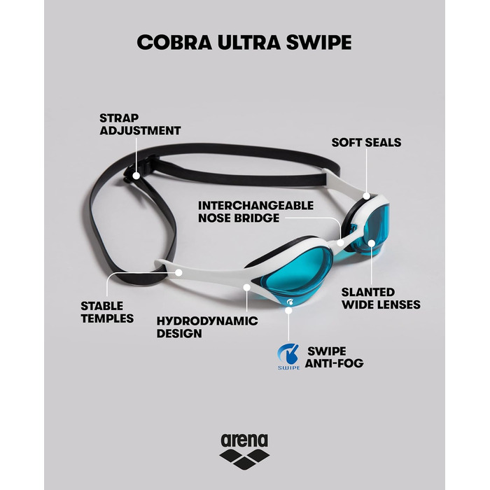 Окуляри для плавання Arena Cobra Ultra Swipe Mirror з дзеркальними лінзами, антифог, UV-захист, для дорослих, 5 змінних перенісся