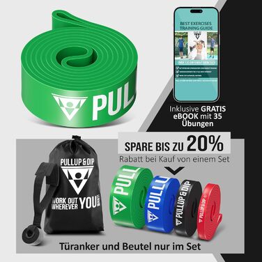 Фітнес-стрічка PULLUP & DIP STRONG зелена для підтягувань, кросфіту та каллістеніки з чохлом, дверним анкером і гідом, окремо або в наборі