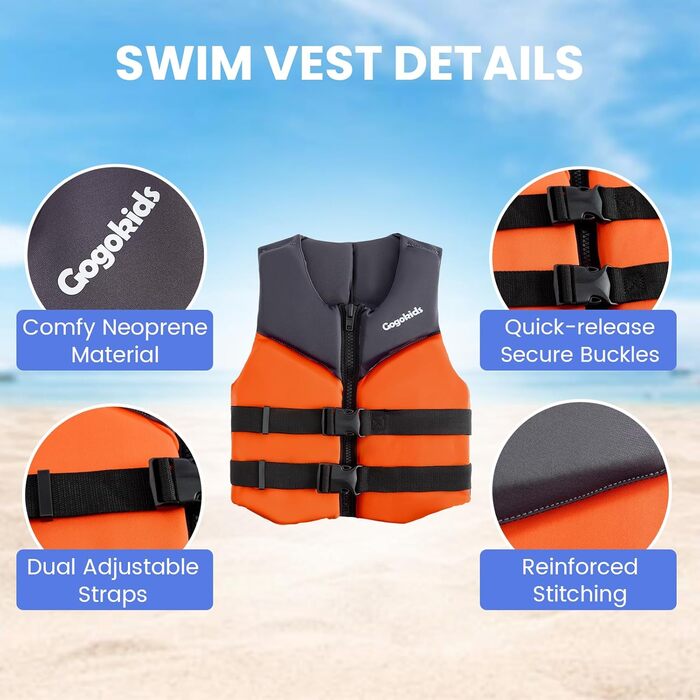 Дитячий жилет для плавання Gogokids Junior 30-50 кг, помаранчевий. Регульований, з неопрену, для каяку, SUP та басейну. 6-11 років