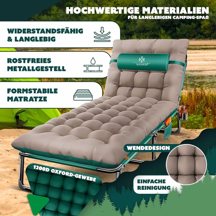 Кемпінгове ліжко KESSER® розкладне з сумкою, подушкою, кишенею та тримачем для напоїв, 190 x 68 x 30 см, до 250 кг, Oxford-тканина, сталеве шасі, для саду та кемпінгу (зелене/таупе)