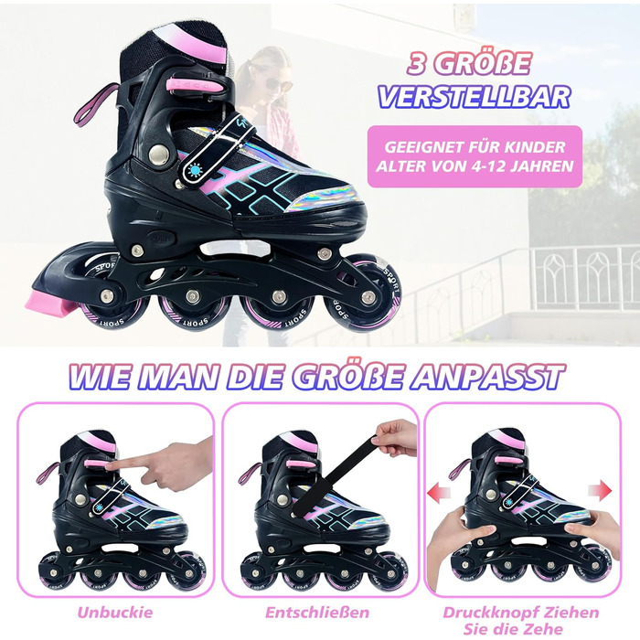 Роликові ковзани для дітей, регульовані, чорно-рожеві, 36-39 EU/240-270 mm
