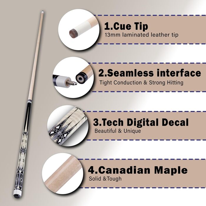 Sinsilvie: Більярдний кий для пулу з наконечником 13 мм, 19/20 oz, 1/2 кленова деревина, чорний або білий, для чоловіків та жінок