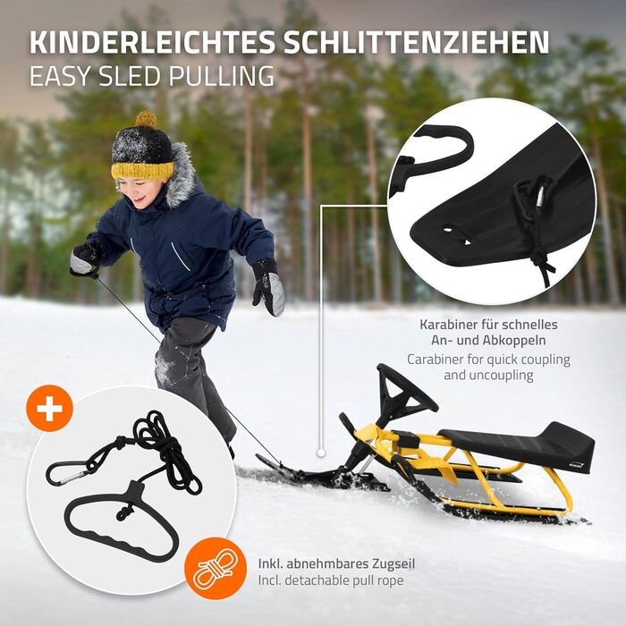 Санки з кермом ECD Germany, жовті, сталева рама, для дітей та дорослих до 90 кг, з гальмом, сидінням з спинкою, 119x38x50 см