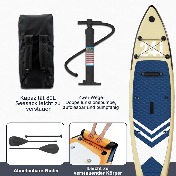 Надувний SUP борд JUMMICO Stand Up Paddle з каяком, 330x76x15 см, до 160 кг, для серфінгу, риболовлі, йоги (Хакі)