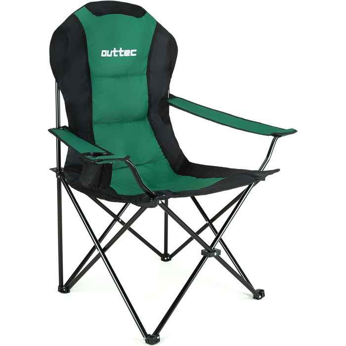 Зручний складаний стілець для кемпінгу Outtec, 130 кг, з високою спинкою, підсклянник, сумка, риболовний стілець, зелений