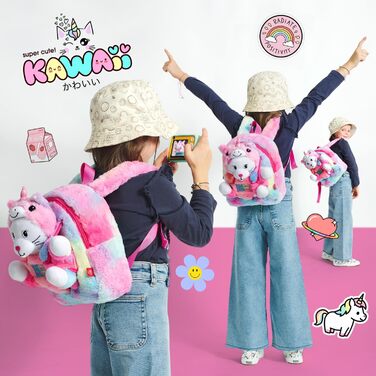 Дитячий рюкзак PERLETTI Kawaii Єдиноріг з плюшевою кішкою, для дівчаток 3-6 років, м'який різнокольоровий рюкзак для дитсадка