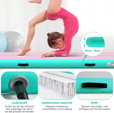 Мата Airtrack Matte для гімнастики, йоги та тренувань: 2/3/4/5/6м, 10/15см товщина, з електричним насосом 600W, для дому, на вулицю, фітнес, гімнастика, зелено-рожевий колір