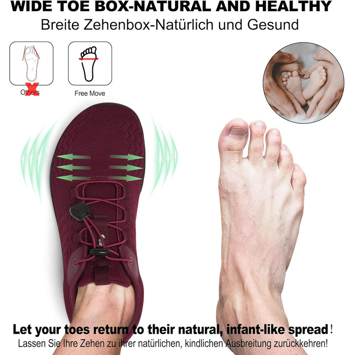 Geweo Взуття для пішохідної ходьби (Barfuss Schuhe) для жінок та чоловіків. Зручні кросівки з широкою передньою частиною, легкі спортивні тапочки для фітнесу, джогінгу, трейлу, хандрі. Zero-Drop підошва, унісекс, розміри 37-47 EU, винно-червоний колір.