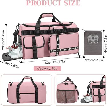 Спортивна сумка для подорожей 65Л з відділенням для взуття та мокрих речей, містка сумка для залу, плавання та коротких поїздок (Рожева)