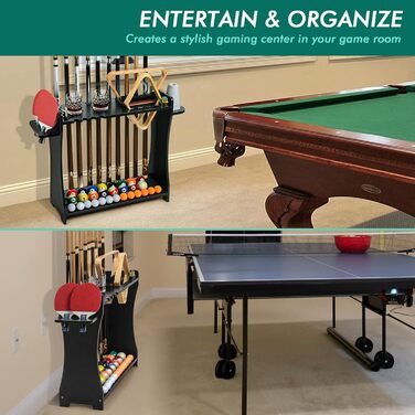 Підставка для бильків XCSOURCE 2-в-1: для бильків та шатків для пінг-понгу. Масивна дерев'яна підставка на підлозі, вміщує 9 бильків. Комплект з м'ячиками, аксесуари для більярду та пінг-понгу. Чорний колір.