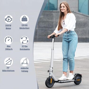 Електросамокат Caroma складаний, 32 км, 120 кг, 20 км/год, 9'' колеса, подвійна гальмівна система, для дорослих, сріблястий