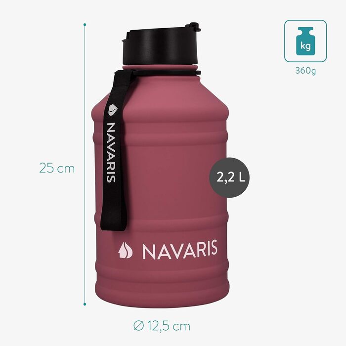 Navaris Фітнес-пляшка 2,2 л з нержавіючої сталі, спортивна пляшка XXL для води, BPA Free, бордова