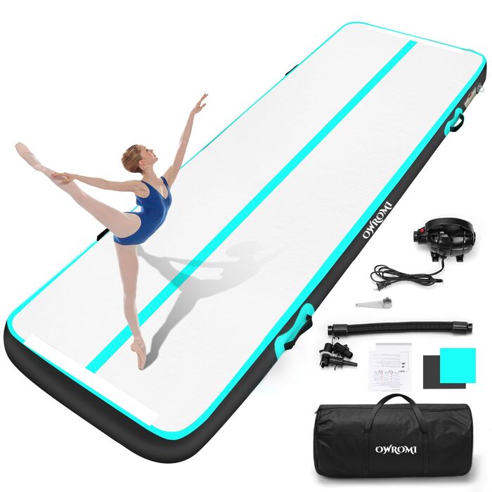 Надувний гімнастичний мат для акробатики та tumbling (6м x 1м x 10см) з електронасосом, зелений/чорний