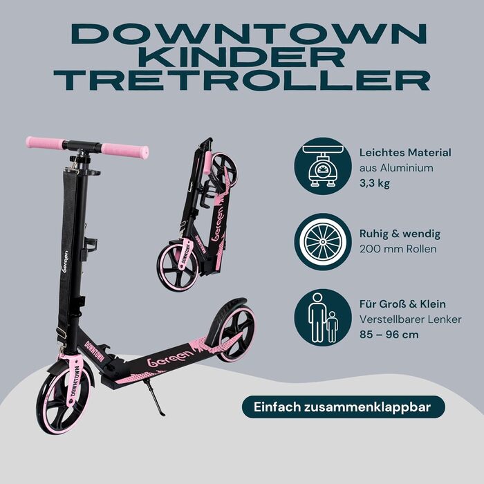 Самокат міський Bergen City Scooter Downtown, алюмінієвий, складаний, 3.3 кг, колеса 200 мм, регульована висота, для дітей від 6 років, підлітків та дорослих до 100 кг, чорний/рожевий