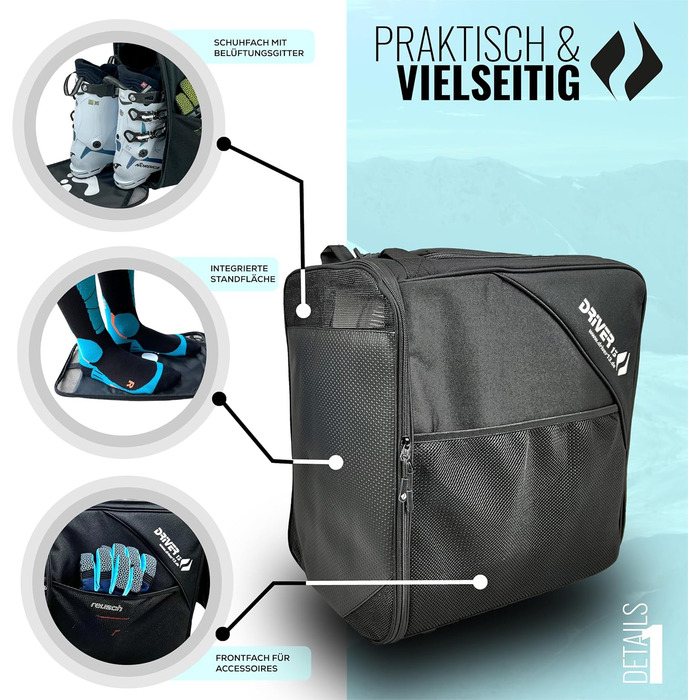 Чохол для лиж Driver13 з відділенням для шолома та регульованим плечовим ременем, 41 x 27 x 43 см, чорний