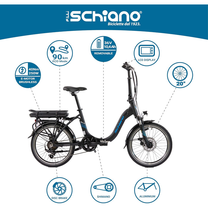 Електровелосипед F.lli Schiano Solar 20 дюймів, складаний, для дорослих, Shimano, до 25 км/год