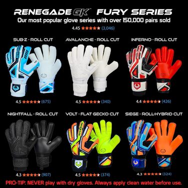 Воротарські рукавиці Renegade GK Fury з захистом пальців (розміри 7-11, Level 4) Giga Grip 4+3мм - для чоловіків, жінок, підлітків, дітей