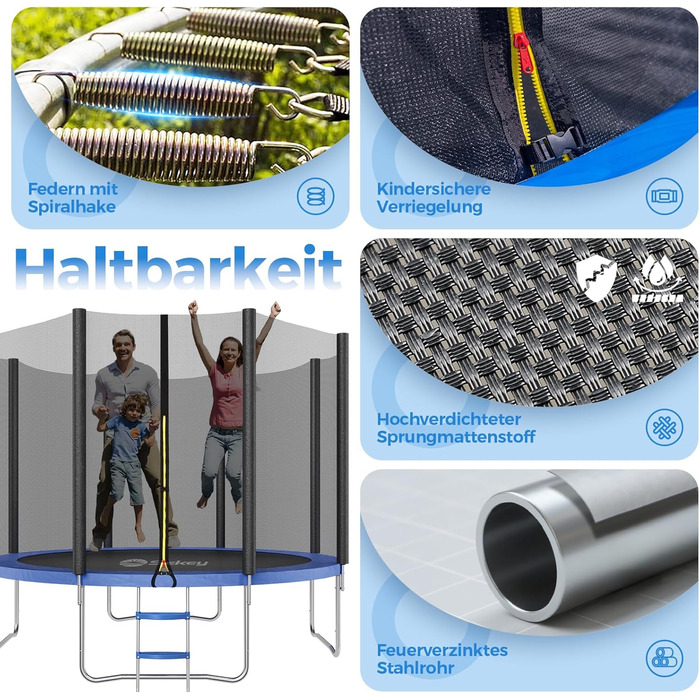 Трамплін Sekey Outdoor 244/305/366 см - сертифікований TÜV Rheinland GS, дитячий, для саду з безпечною драбиною, посиленим захисним сіткою та захисним бордюром (Блакитний, 366 см/12 футів)