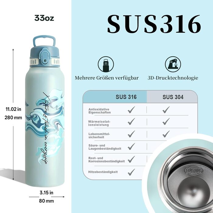 Термос-пляшка UZSPACE 1л (970мл) з нержавіючої сталі, ізольована, з 1-клік відкриванням, без витоку, для спорту, фітнесу, подорожей, зелений