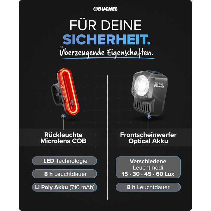 Набір велосипедних ліхтів BÜCHEL: LED, USB-C, 8 годин роботи, 4 режими, StVZO, монтаж без інструментів