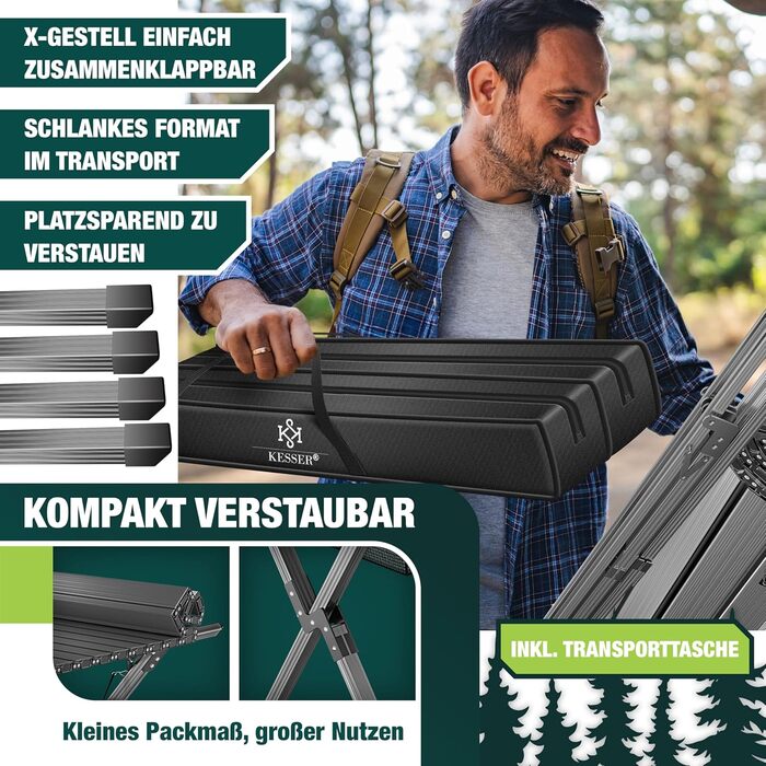 Стол для кемпінгу KESSER® розкладний, з алюмінієвим каркасом, регулювання висоти, 120x70 см, до 100 кг, з сумкою та сітчастою кишенею