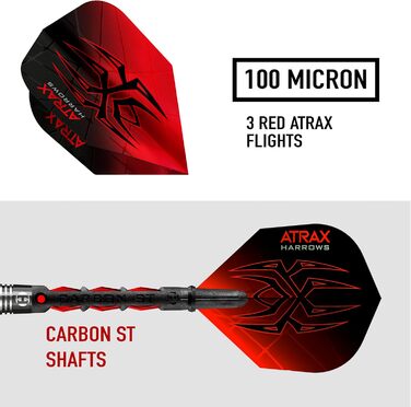 Дротики Harrows Atrax 95% вольфрам, сталевий наконечник, набір 21-26 г, карбонові ST-шафти, крила 100 мікрон червоні