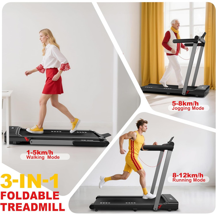 Бігова доріжка Orisyn для дому | 3-в-1 Walking Pad з мотором 2.5PS | 12 км/год, Bluetooth та 12 програм | Dual-LED, складаний, сумісний з APP | Ідеально для невеликих приміщень та домашніх тренувань Dual Mode, макс. 12 км/год, 12 програм та Dual-LED