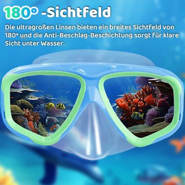 Дитячі окуляри для плавання Vvinca з захистом носа та текстильним ремінцем, ударостійкі, проти запотівання та водонепроникні, для дітей 3–14 років (03-Blue Green)