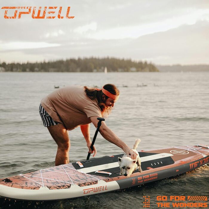 Надувний SUP Борд UPWELL Premium Stand Up Paddling Board з комплектом: сидіння, кріплення для камери, весло та аксесуари. Макс. вага 204 кг (2 особи), розмір 350x89x15 см, Jurassic