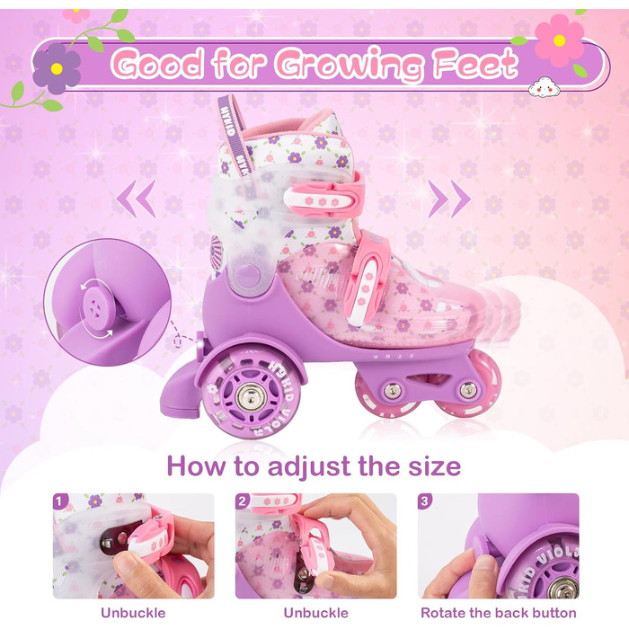 Дитячі ролики для дівчаток, 4 розміри, регульовані, безпечні, з дихаючим матеріалом, квіткові, EU 28-32