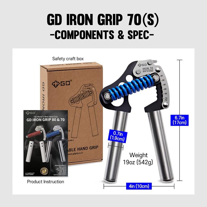Ручний тренажер GD IRON GRIP 70 для кисті та передпліччя, регульований хват, силовий еспандер