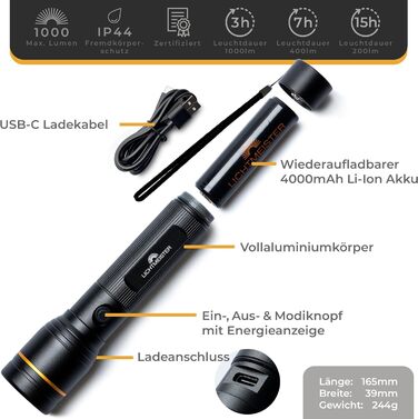 Ліхтар LED LICHTMEISTER® 1000 Люмен, акумулятор 4000 mAh, перезарядний, надяскравий