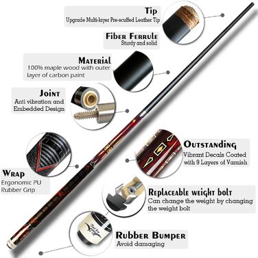 Більярдний кий TaiBa 2-частинний з ручкою з натуральної шкіри, канадський клен, 147.3 см, з муфтою, наконечник 13 мм, сталь, 19-21 oz, коричневий, винно-червоний, королівський синій