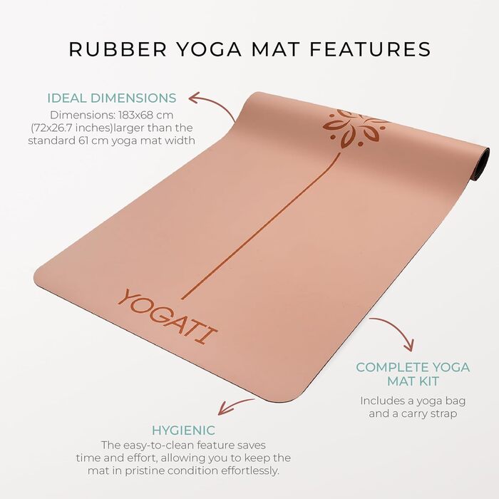 Протиковзкий килимок для йоги та фітнесу YOGATI з натурального каучуку, великий килимок для пілатесу та тренувань з розміткою та сумкою, коричневий