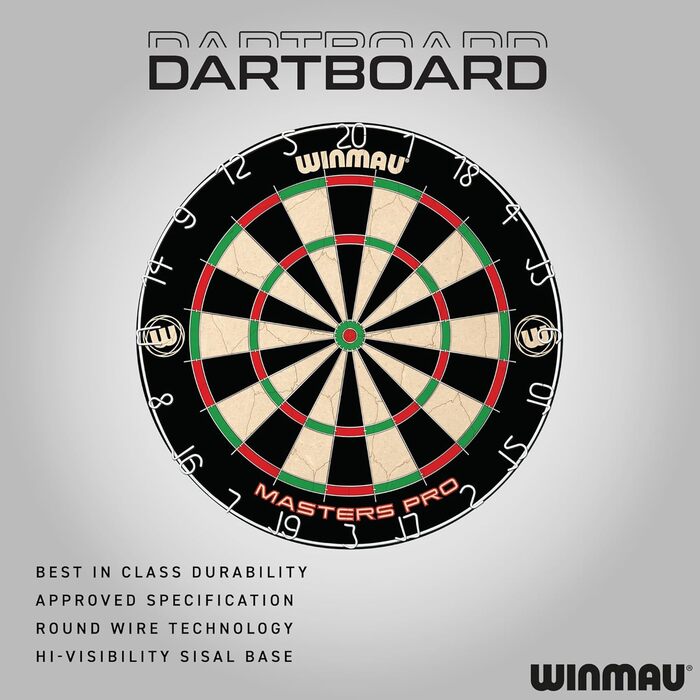 Дартс Winmau Masters Pro з лінією кидка та 6 дротиками - професійний дартс PDC, сизаль високої щільності, ультратонкий дріт