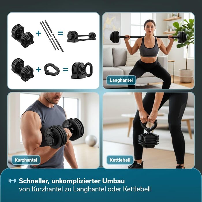 Штанга Skandika Hanteln Paino: Регульований набір гантелей 1.5-24 кг, штанга, гиря, диски. Для дому та спортзалу (3-в-1)