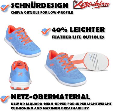 Кросівки для боулінгу KR Strikeforce з шнурівкою, двостороння підошва, спортивний дизайн, кольорові, 36 EU, блакитний/оранжевий