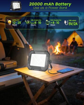 LED прожектор на акумуляторі CLV 200W, 20000mAh, IP66, вологостійкий, 4 режими, 2 рівні яскравості, USB, сонячна панель, для кемпінгу, будівництва, аварійне освітлення (чорний)