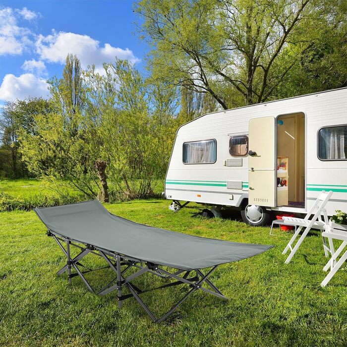 Розкладне ліжко SOARS для кемпінгу та відпочинку: стабільне металеве ліжко з кишенею та сумкою, до 272 кг, для відпочинку на природі та вдома, зелений (сірий)