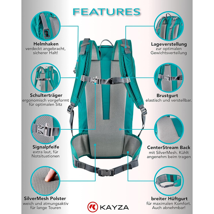 KAYZA PULSE20 – Преміум туристичний рюкзак 20 л з поясом, для жінок і чоловіків, з кріпленням для шолома та дощовиком, Ripstop нейлон, для трекінгу, міста та подорожей
