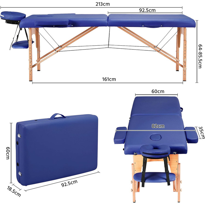 Масажне ліжко Yaheetech з 2 зонами, регульоване по висоті, з підголівником та підлокітниками, 213x82x85,5 см, до 250 кг
