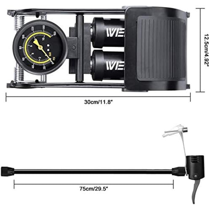 Велосипедна підкачка WEIDMAX з двома циліндрами, манометром та інтелектуальним клапаном, чорна
