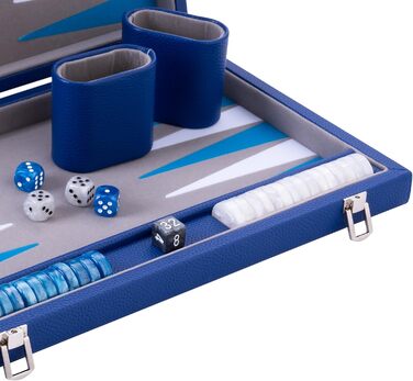 Набір для гри в кістки Енгельхарт Люкс 38 см - преміум якість, шкірозамінник, спеціальне покриття з фільцу, перламутрові кубики та фішки + 2 стаканчики - професійний та для дому, блакитний