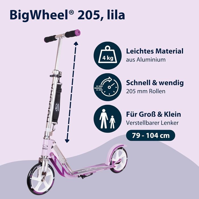 HUDORA BigWheel Scooter 205: Стабільний самокат з алюмінію, регульована висота, складаний, для дітей та дорослих (до 100 кг), фіолетовий