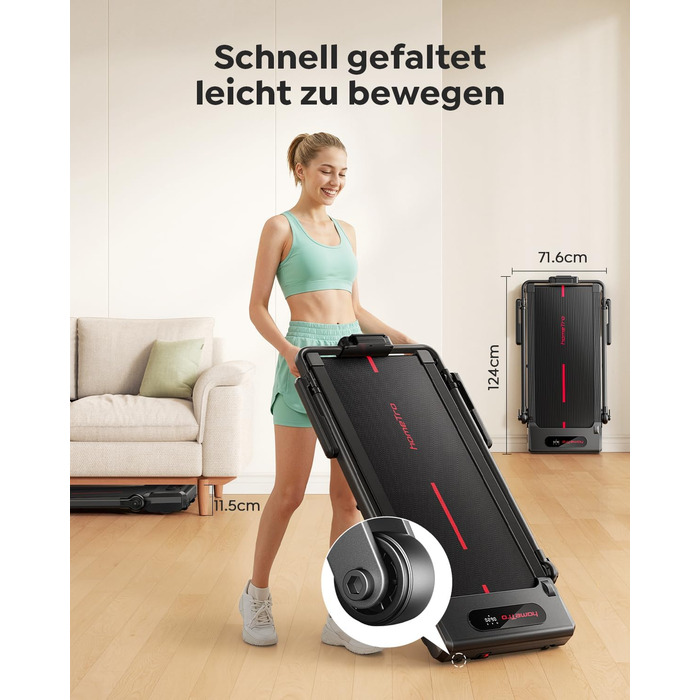 Складана бігова доріжка для дому з нахилом 7%, Walking Pad до 12 км/год, з регульованим поручнем та знімним робочим столом, двигун 3.0 к.с., керування через додаток та пульт, червоно-чорна